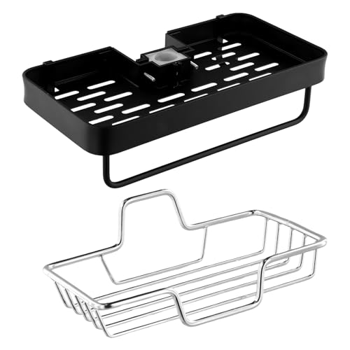 Hoxfly Estanteria de Ducha, Soportes Colgantes de Accesorios, Jabonera para Barra de Ducha de Acero Inoxidable, Sin Taladrar Organizador Baño para Hoteles, Cocina, Restaurante (Negro, Plata)
