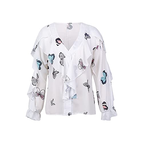 Loalirando Chemisier Femme à Manches Longues Chic Élégant Col en V Chemisier de Bureau Décontracté Sexy à Volant, Blanc Papillon, L