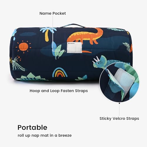 Image of PHF Soft Toddler Nap Mat with Removable Pillow, Rollup Design Kids Sleeping Mat, Slumber Bags for Boys, 55 inchx23 inch Toddler Sleeping Bag for Daycare Preschool Travel Camping, Large Navy Dinosaur