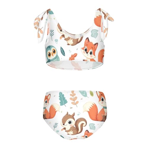 Girls' Bikini Set, Cartoon Rabbit Squirrel Fox Owl Leaf Kids Swimsuit 2 Pcs Beach Bathing Suit2