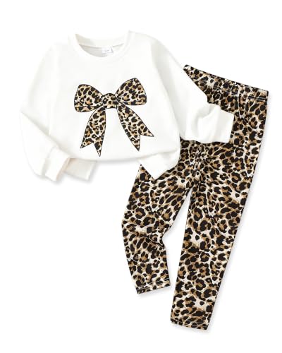 AuralBabe Kids Girl Clothes Size 7-8Y Child Fall Outfit Leopard Bow Sweatshirt Matching Warm Leggings Set Trendy Print Long Sleeve Top Shirt Stretchy Fit for Winter Sports Daily Wear Cool Overall