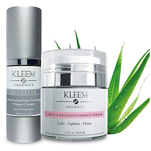 Vitamin C Serum & Neck and Chest Firming Cream Bundle - Natural & Organic Anti Aging Skin Care Set for Men & Women to Reduce Wrinkles and Saggy Skin