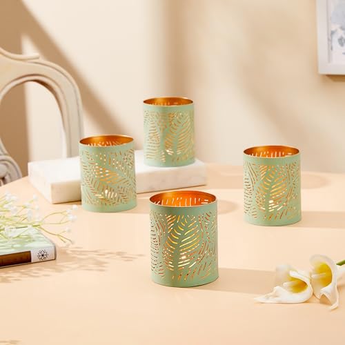 Image of Amazon Brand - Solimo Tea Light Votive - Round Leaf Design, Sea Green Iron with Gold Interior, Set of 4 (Size: L-7.5 cm x W-7.5 cm x H-10 cm)