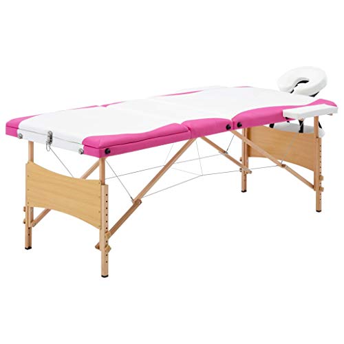 aphrophina Convenient Foldable Massage Table with 3 Zones and Adjustable Height, Comfortable Foam Padding, White and Pink