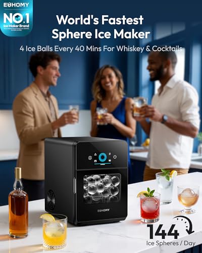 Image of EUHOMY 2 inch Ice Ball Maker Countertop, 4Pcs Ready in 40Mins, 144Pcs /day, Self-Cleaning Sphere Ice Maker Machine with Crystal Clear Ice, Round Ice Cube Maker for Whiskey & Bourbon