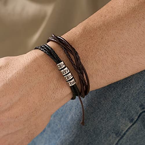 Yofair Custom Mens Bracelet With Kids Name Personalized Braided Leather Bracelet Engraved Bracelets Fathers Dad Gifts For Men #TOP2