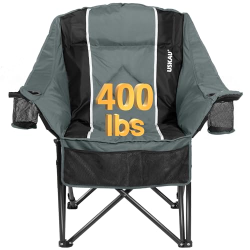 USKAU Oversized Camping Chair for Adults - Heavy Duty 400 lbs Padded Folding Chair with Wine Glass Holder, 2 Cup Holders & Side Pockets, Portable Carry Bag for RV, Tailgating, Lawn
