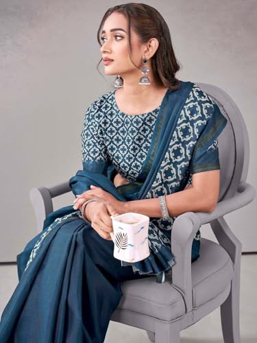 Image of Satrani Women's Silk Printed Saree with Unstitched Blouse Piece