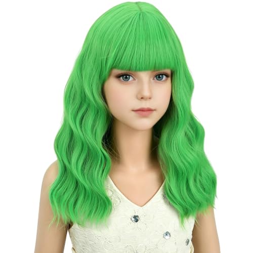 Image of Adult Green Wig Women Short Green Wavy Curly Wigs Adult Wig with Air Bangs Synthetic Cosplay Hair Wigs