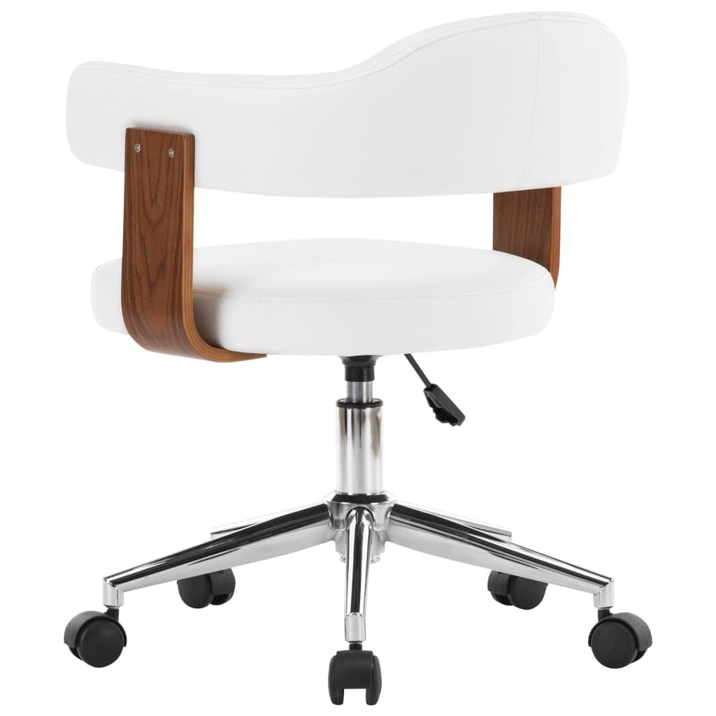 Silla de oficina giratoria de madera curvada blanca y piel sintética, silla de oficina de madera curva, color blanco, función giratoria de 360 grados, altura ajustable, silla de escritorio