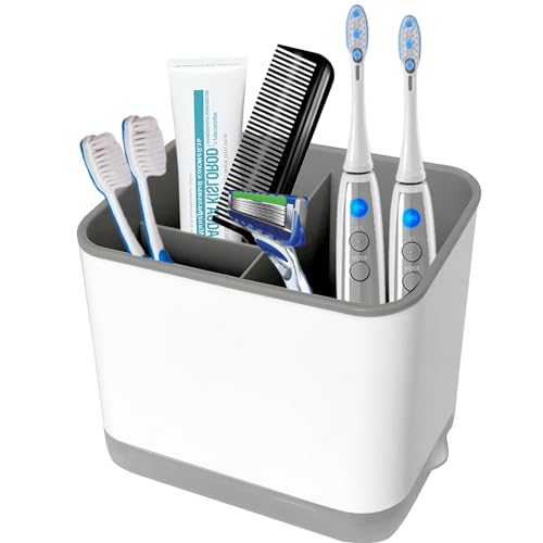 VAKOWOO Toothbrush Holder for Bathroom, Toothbrush Caddy Storage Tooth Brush holder with Drainage Bathroom Tidy Organizer for Kids Family, Toothbrush and Toothpaste Holder Grey/White