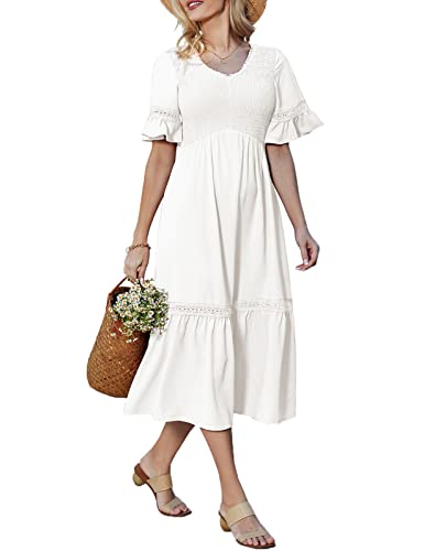 Grace Karin Women's V Neck Short Bell Sleeve Smocked Tiered Dress Elastic Waist Lace Patchwork Ruffle Dress White Xxl #TOP27