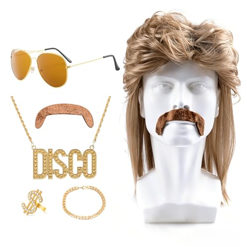 XdealCozyxc 6 Piece Set 80s Wig for Men Off Brown Funny Mullet Male Wigs for Halloween Costume Retro Pop Rock Party Decor