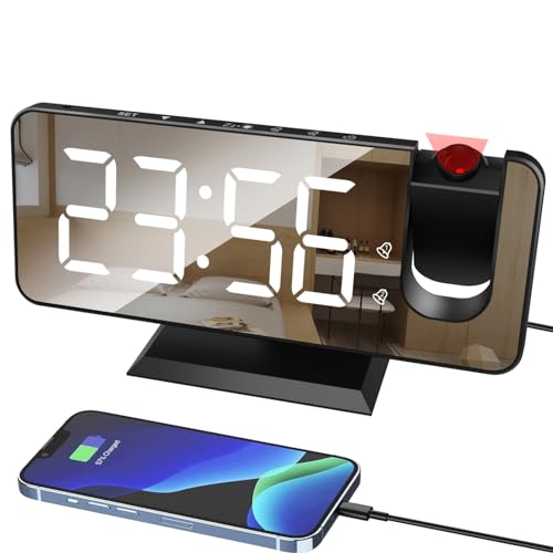 Lancoon Reloj Despertador Digital Proyección en Techo Pantalla de Espejo LED 4 Dimmers Snooze Doble Ajuste de Alarma para Dormitorio Lado de la Cama Oficina Salida de Carga USB Negro-Blanco