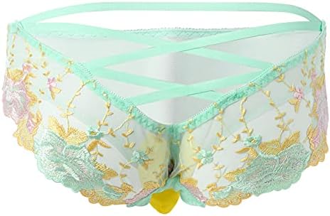 ABAFIP Mens Sissy Panties Floral Lace Embroidery Cross Back Low Waist Mesh Sheer Bikini Briefs Underwear Crossdressing Lingerie Underpants Green One Size