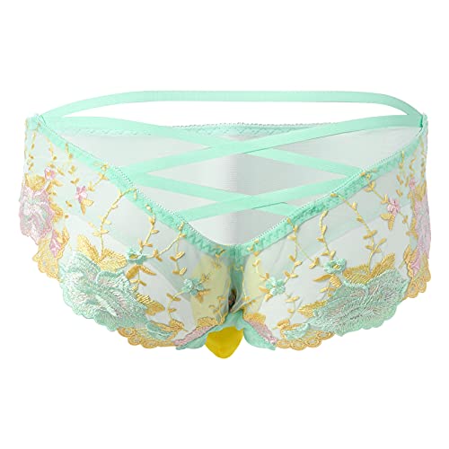 Abafip Mens Sissy Panties Floral Lace Embroidery Cross Back Low Waist Mesh Sheer Bikini Briefs Underwear Crossdressing Lingerie Underpants Green One Size #TOP26
