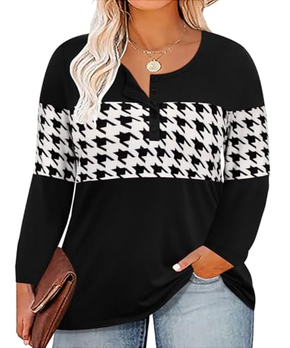 Image of CARCOS Plus Size Tops for Women Long Sleeve Fall Tunic Color Block Camo /Plaid /Leopard /Fall Blouse Crewneck Tshirt XL-5XL