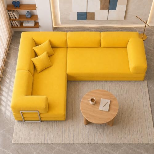 Image of Torque Vegas 5 Seater L Shape Sofa Cum Bed for Sleeping- Yellow | Suede Fabric 5 Seater Sectional 3-in-1 Sofa Bed | Corner L Shaped Sofa Set for Living Room Office