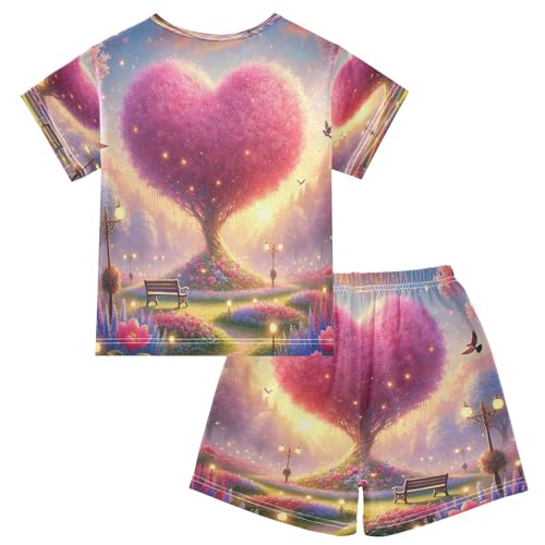Heart Tree Park Valentines Pajama Set Short Sleeve Pajamas Shorts Sets Cotton PJS 2 Piece Clothes Set 5Y2