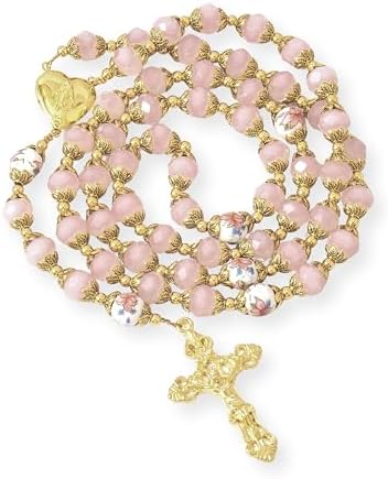 Nazareth Store Catholic Blue Crystal Beads Gold Rosary Flowers Beaded Necklac...