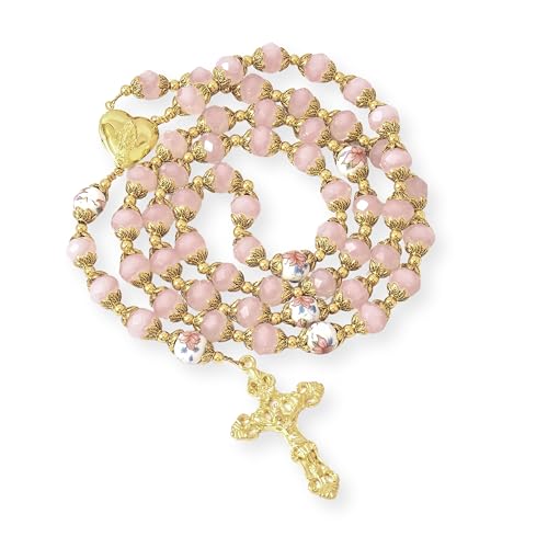 Nazareth Store Catholic Blue Crystal Beads Gold Rosary Flowers Beaded Necklace Miraculous Heart Locket Medal & Cross Religious Women Men Amulet