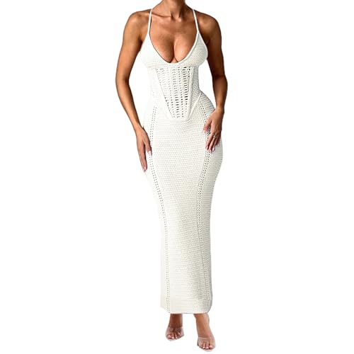 Image of BOLLEY JOSS Women Crochet Knit Bodycon Maxi Dress Sexy V Neck Backless Hollow Out Lace Up Corset Dress Sundress Beach Dresses