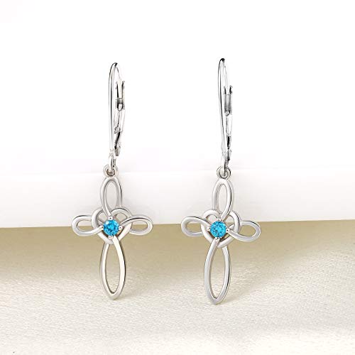 Yl Celtic Knot Cross Earrings Sterling Silver Dangle Drop Earrings Created Aquamarine Religious Leverback Jewelry For Women #TOP3
