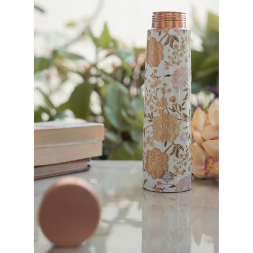 Image of Indian Art Villa Copper Gold Flower Print Bottle - 800 ML, Pure Copper Ayurvedic Water Bottle with Leak-Proof Lid, Ideal for Office, Yoga, Travel, and Gifting