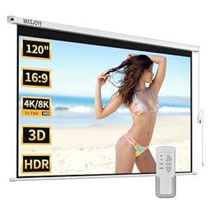 WASJOYE 120" Leinwand Beamer Elektrisch Diagonale Automatische Projektion 16:9 8K HD Filme Schirm für Heimkino Büro Videospiel Outdoor Indoor, Projector Screen W/Fernbedienung und Wand/Decke Mount