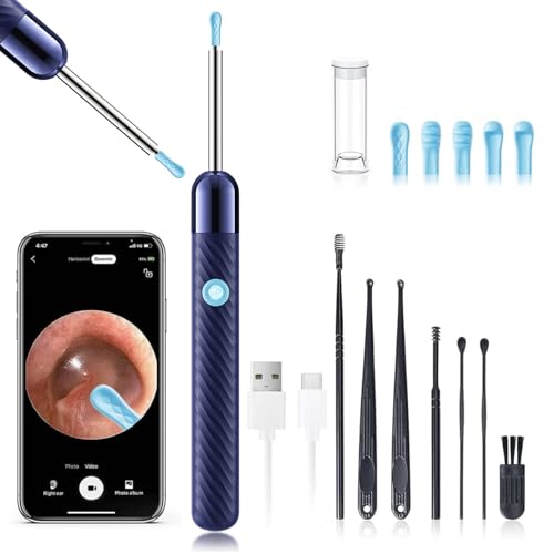 LEIPUT Ear Wax Removal - Earwax Remover Tool with 8 Pcs Ear Set - Ear Canal Cleaner with 1080P Camera - Ear Cleaning Kit with 6 Ear Spoon - Ear Camera for iOS & Android (Navy Blue)