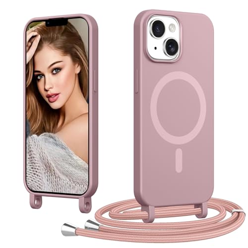 Coiwxmoi Handyband Handyhülle für iPhone 13/14 Hülle mit Band [Kompatibel mit MagSafe] Magnetisch Necklace Silikon Case mit Verstellbar Abnehmbar Kordel zum Umhängen Stoßfest Schutzhülle Rosa