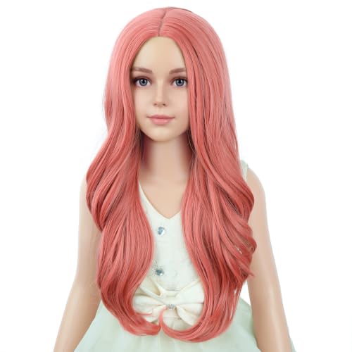 Image of PATTNIUM Light Pink Wig for Kids Girls Long Curly Wigs Pink Middle Part Heat Resistant Synthetic Wigs Halloween Cosplay Costume Party Wig