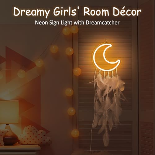 Image of Neon Sign for Teen Girls, Moon Neon Signs, Light Up Dream Catcher for Girl Room Decor, Cozy Dreamy Lighting for Wall Decor,Birthday Christmas Gifts for Teenage Kids
