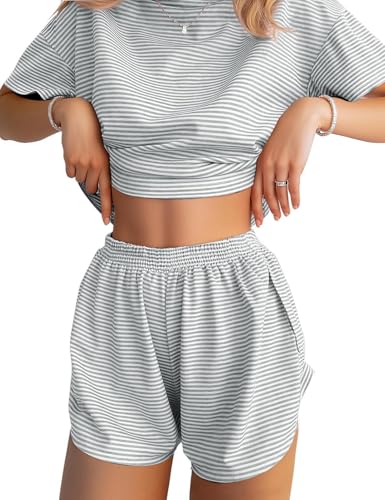Image of JUSTFASHIONNOW Womens Pajama Sets Shorts Striped Print Two Piece Lounge Sets Crew Neck Sleepwear Split Shorts Set Soft Pjs
