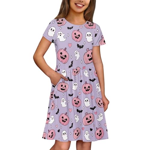 Girls Short Sleeve Dresses Casual Twirly Skater Dress with Pockets for 3-14 Years Old4