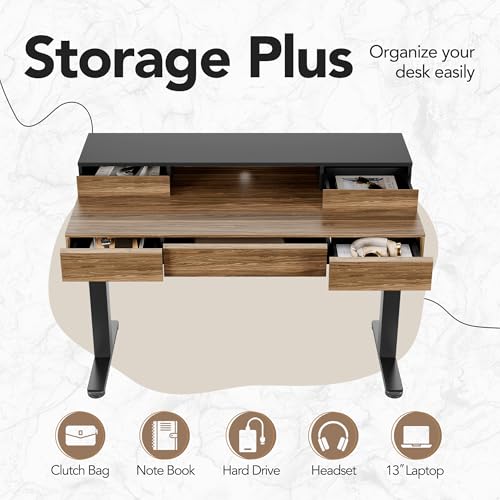 Image of HUANUO Standing Desk with Drawers, 48 Inches Electric Height Adjustable Desk with Storage, Whole-Piece Board Sit Stand Up Desk with Monitor Shelf, Black Walnut