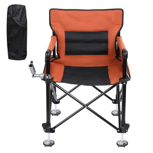 ehozirta Folding Portable Fishing Chair 220lbs Capacity Outdoor Chair with Adjustable All-Terrain Legs Non-Slip Feet Dual Rod Holders & Storage Bag Orange