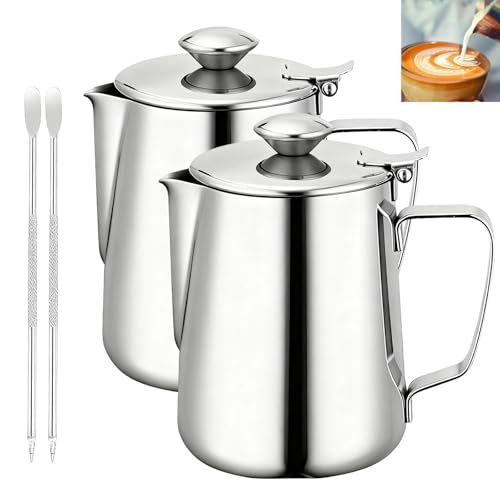 GOMETY 2 bricco per latte in acciaio inox da 350 ml, con coperchio, per latte e caffè, per cappuccino