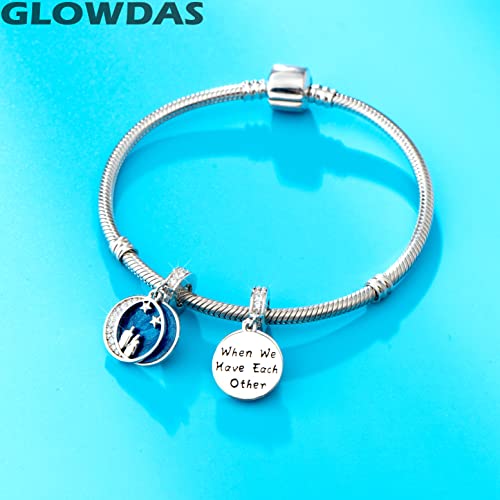 Couple Lover Under Night Sky Crescent Moon Stars Charms, fits Pandora Valentines Day Bracelet, Sterling Silver Blue Enamel Pendant Beads, Gifts for Wife/Couple2