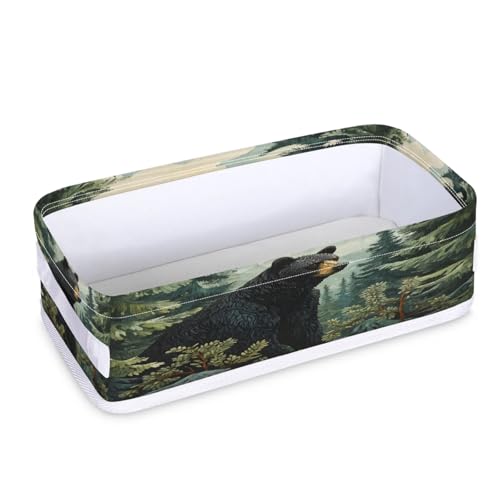 Tablerazzi Toilet Tank Topper Paper Basket with Handle, Black Bear Forest Wild Animals Bathroom Storage Basket for Organizing, Small Fabric Storage Bins for Bathroom Decor