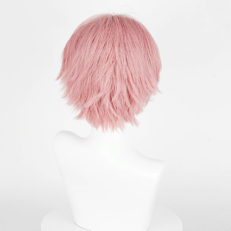 Image of LABEAUTE Anime Short Pink Cosplay Wigs With Bangs Unisex Spiky Fluffy Heat Resistant Wig Hair for Party and Halloween for Gift + Free Cap