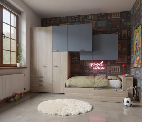 MOBILFINO CAMERETTE Chambre Bridge avec lit Simple, Armoire et Commode - Espace et Design - Chêne Rock et Avio, Droit