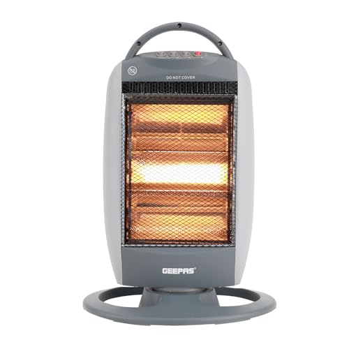 GEEPAS Halogen Heater 1200W | Instant Heating Energy Efficient Heater with 3 Heat Settings 400/800/1200W | Oscillation Function & Low Running Cost | 3 Bar Compact Radiator Home Office, Grey