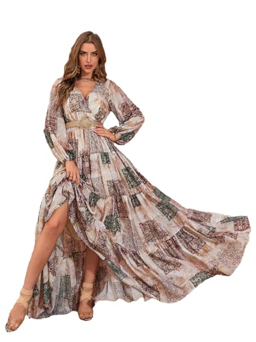 Image of TOLEEN Summer Casual Dresses for Women 2024 Spring Fashion Boho V Neck Long Sleeve Ruffle Floral Print Elegant Maxi Dress