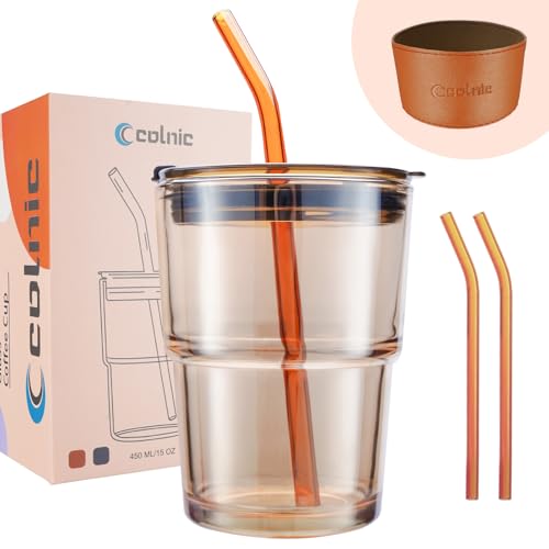 Colnic Iced Coffee Cup, 15 oz Glass Cups With Lids...