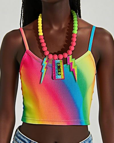 Ronglry 80s Outfits Costume Accessories for Women 80s Necklace Neon Beaded Necklaces for Glow Party Beads Necklaces with Lightning/Tape Neon Jewelry for Women 80's Party Decorations Favors2
