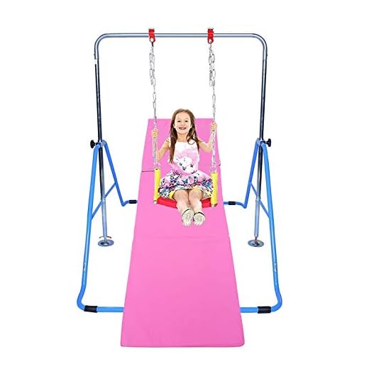 Athletic Bar Jungle Gym Gymnastics Kip Bar Deluxe Swing Set + 2x6 Gymnastics Mat, Playground Playset Horizontal Gymnastics Monkey Bars Expandable Junior Training Bar Foldable Blue