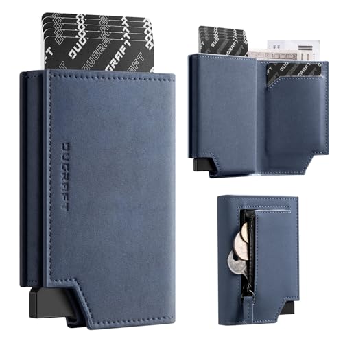 Image of DUGRAFT Bifold Pop Up Wallet for Men, Slim Leather Credit Card Holder with Zipper Minimalist Women Magnetic Cash Coins Pocket Wallets RFID Blocking, Blue, Small, Minimalist