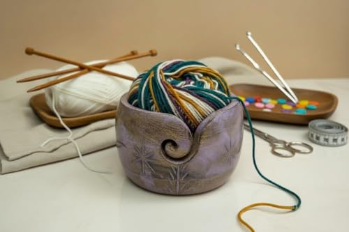 Image of Wooden Yarn Bowl Yarn Holder Large Crochet Handmade Crocheting Accessories and Supplies Organizer (Purple)