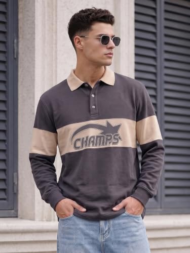 Image of Veirdo Men's Loopknit Cotton Oversized Baggy Fit | Full Sleeve Polo T-Shirt | Casual Streetwear with Ribbed Cuffs Travel | Sizes: S to XXL